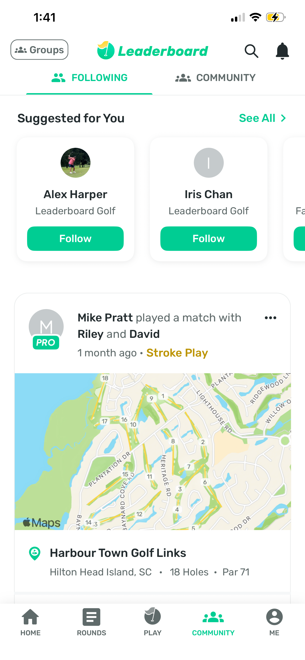 Following feed — suggested players and match card