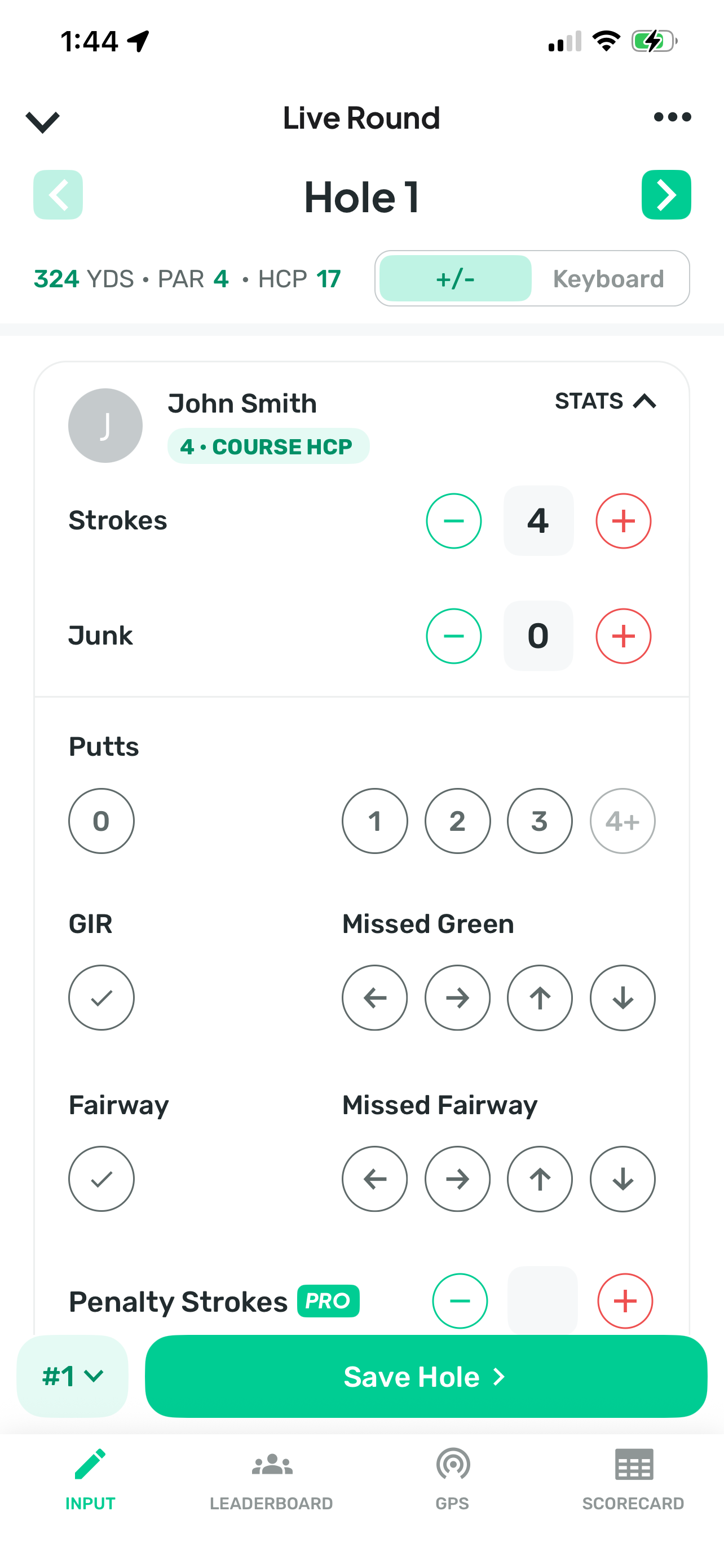 Live round — expanded stats: putts, GIR, fairway, penalties