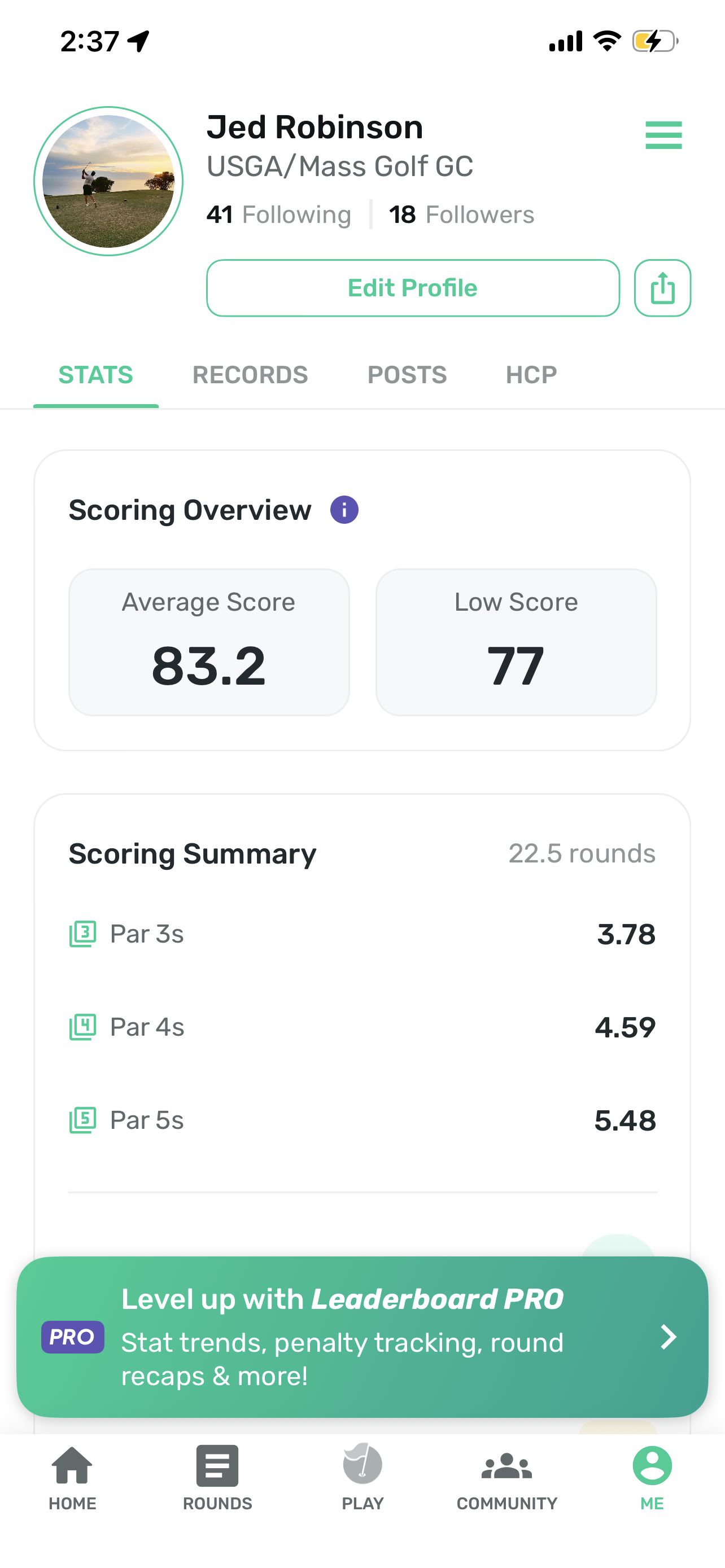 Profile — Stats: scoring overview and summary