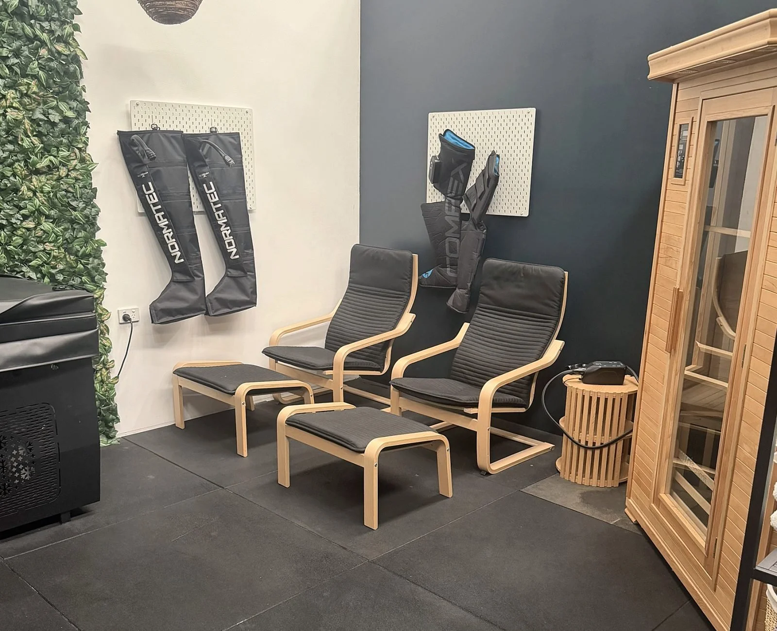 Recovery Room at Accelerate Strength Rozelle with compression boots, infrared sauna and cold plunge