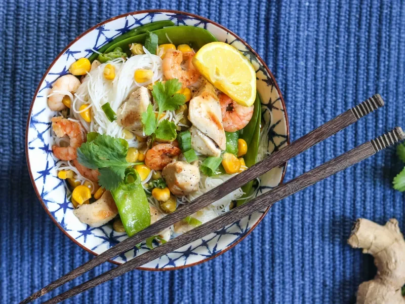 Zesty Chicken & Prawn Rice Noodle Bowl