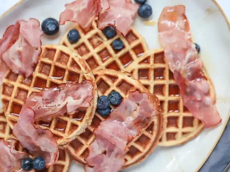 Waffles with Bacon, Blueberries & Maple Syrup