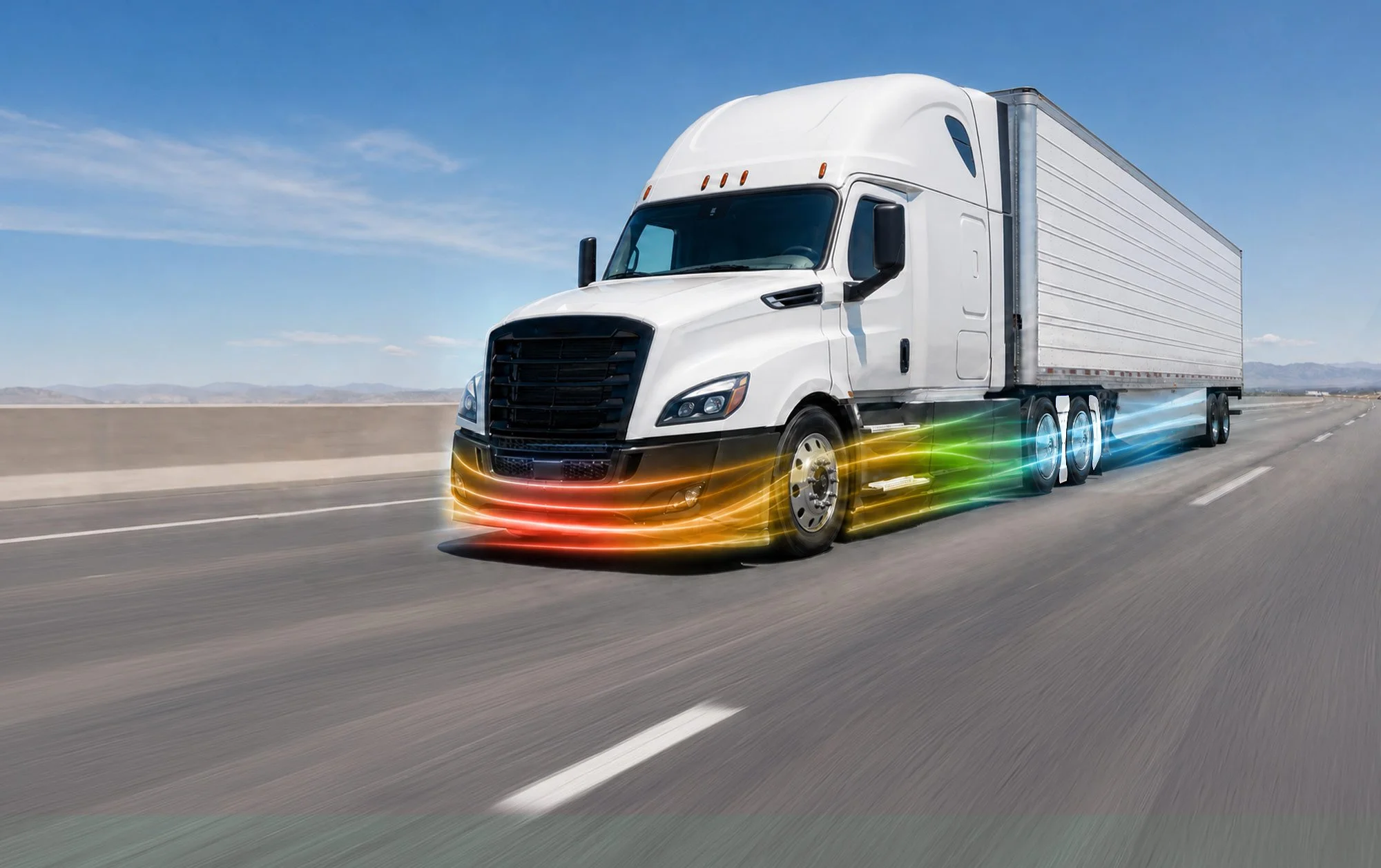 Semi truck with aerodynamic wheel covers on the highway