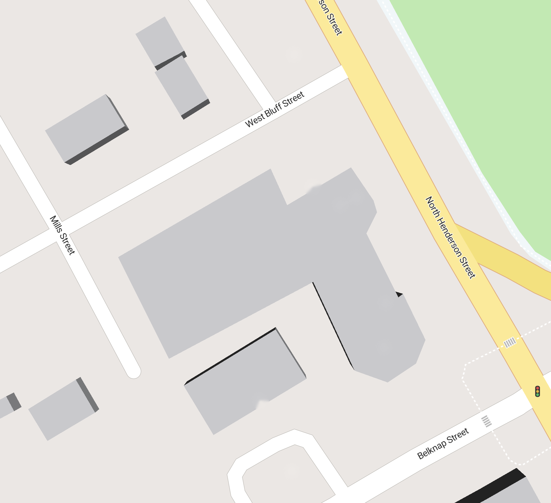 Parking map of The Paradox Church campus at West Bluff, North Henderson and Belknap Streets, with accessible parking and entrances marked by number