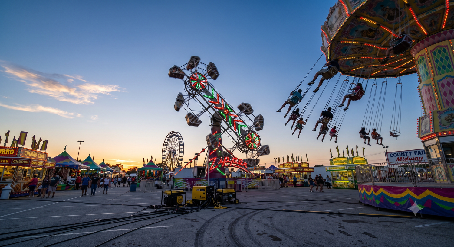 Carnival swing ride, Zipper and Ferris wheel on the paved midway at the Lane County Fair in Eugene at dusk