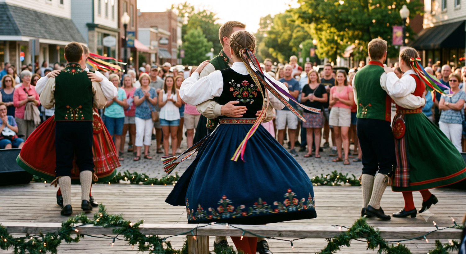 Folk dancers in traditional Scandinavian costumes performing at the Junction City Scandinavian Festival