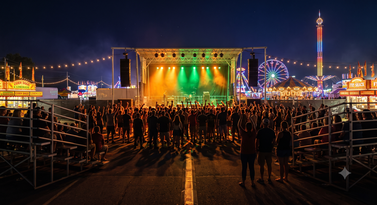 Evening concert crowd and stage at the Lane County Fair with carnival ride lights in the background