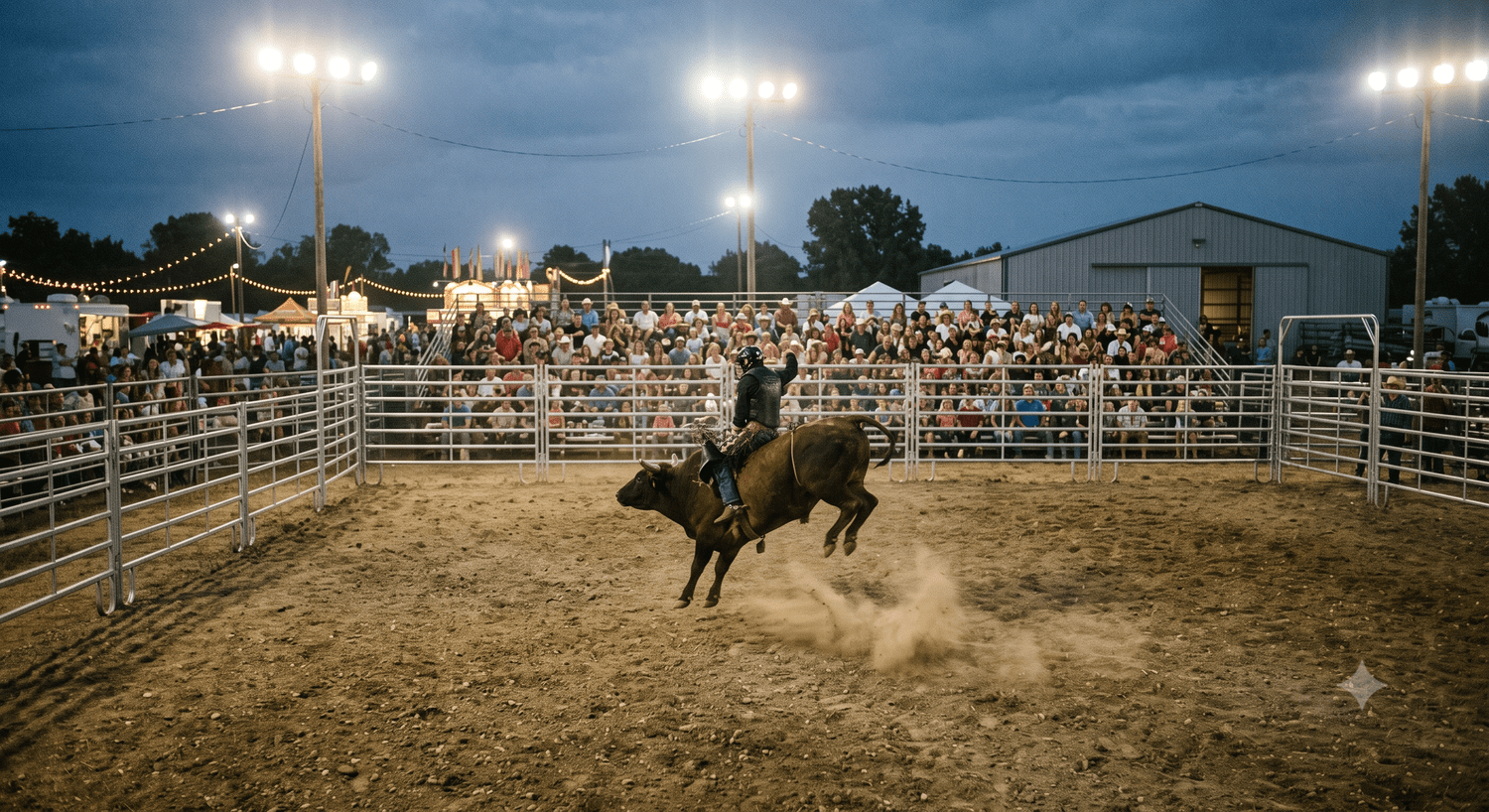 Bull riding under the lights on opening night at the Lane County Fair