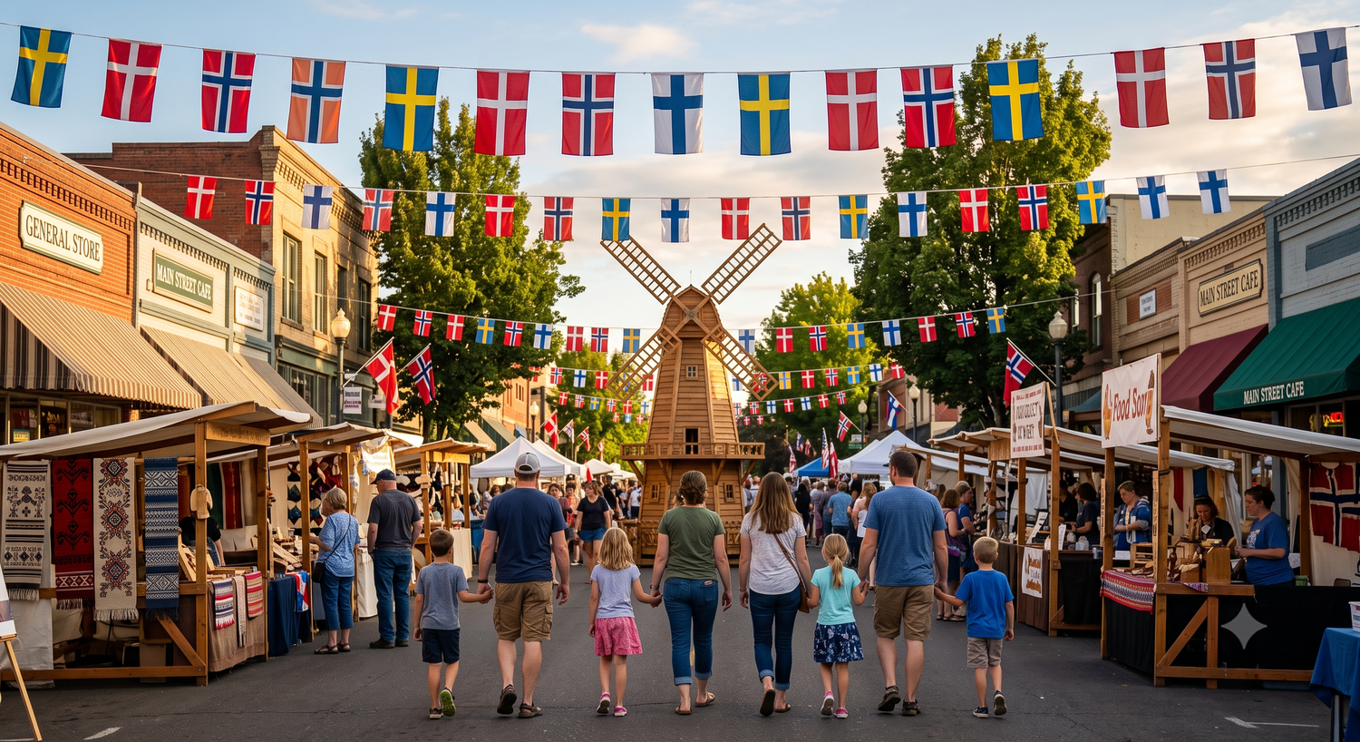 Nordic flags and the festival windmill over downtown Junction City during the Scandinavian Festival