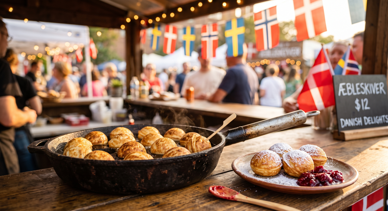 Aebleskiver dusted with powdered sugar beside raspberry jam at a Junction City Scandinavian Festival food booth
