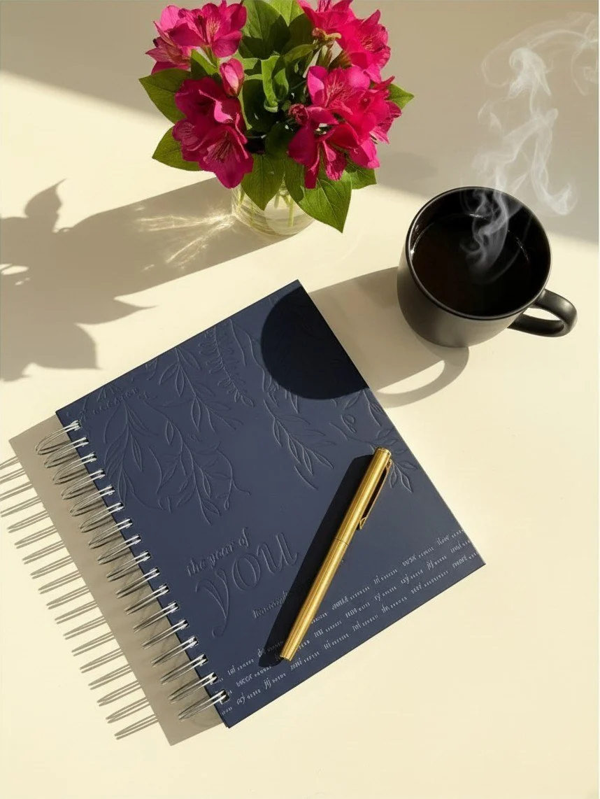 The Year of You planner, navy embossed cover with a gold pen, flowers and coffee