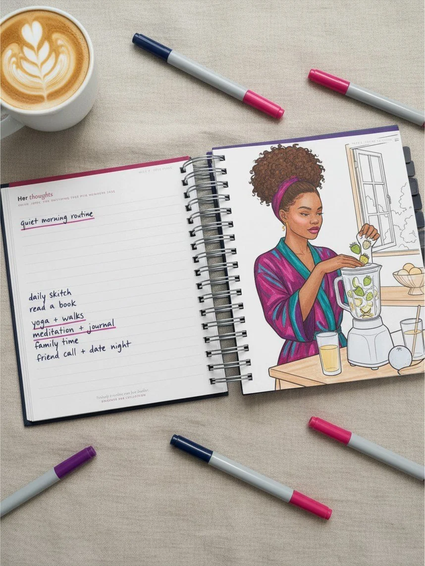 The Year of You planner open to a Her Thoughts page and a weekly coloring page