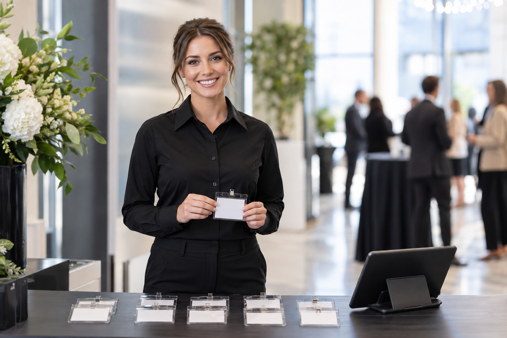 Friendly event registration assistant in a black collared uniform holding a name badge