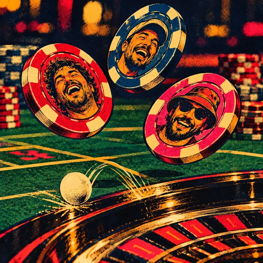 Illustration: three grinning brospects on casino chips over a roulette wheel