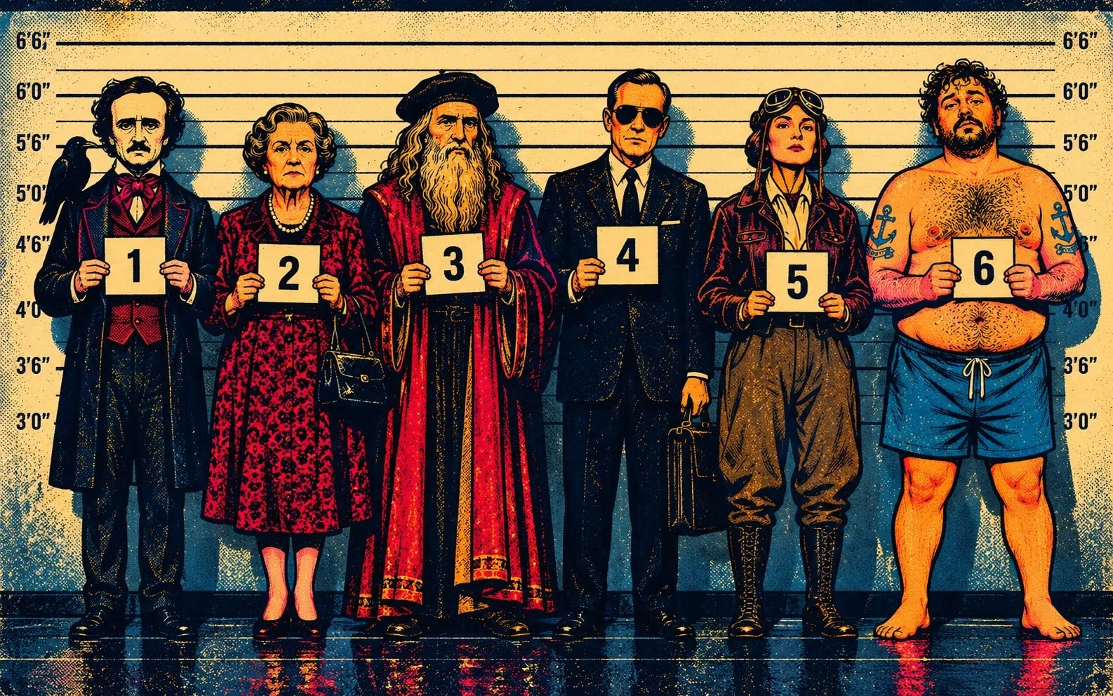 Illustration: a police lineup of Poe, Agatha Christie, Da Vinci, D. B. Cooper, Amelia Earhart and Gabriel