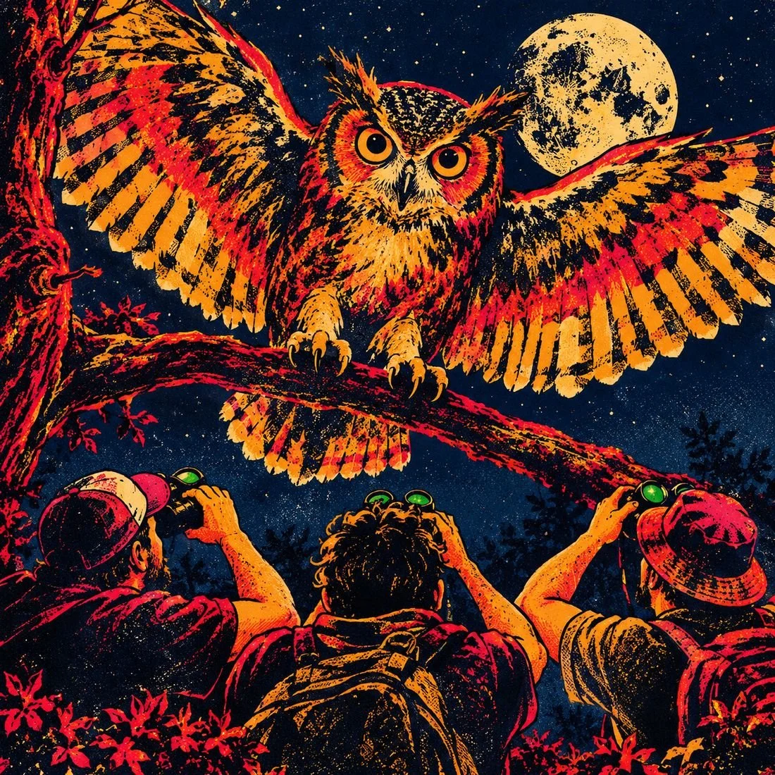 Lotería card: El Tecolote, an owl over three birdwatchers
