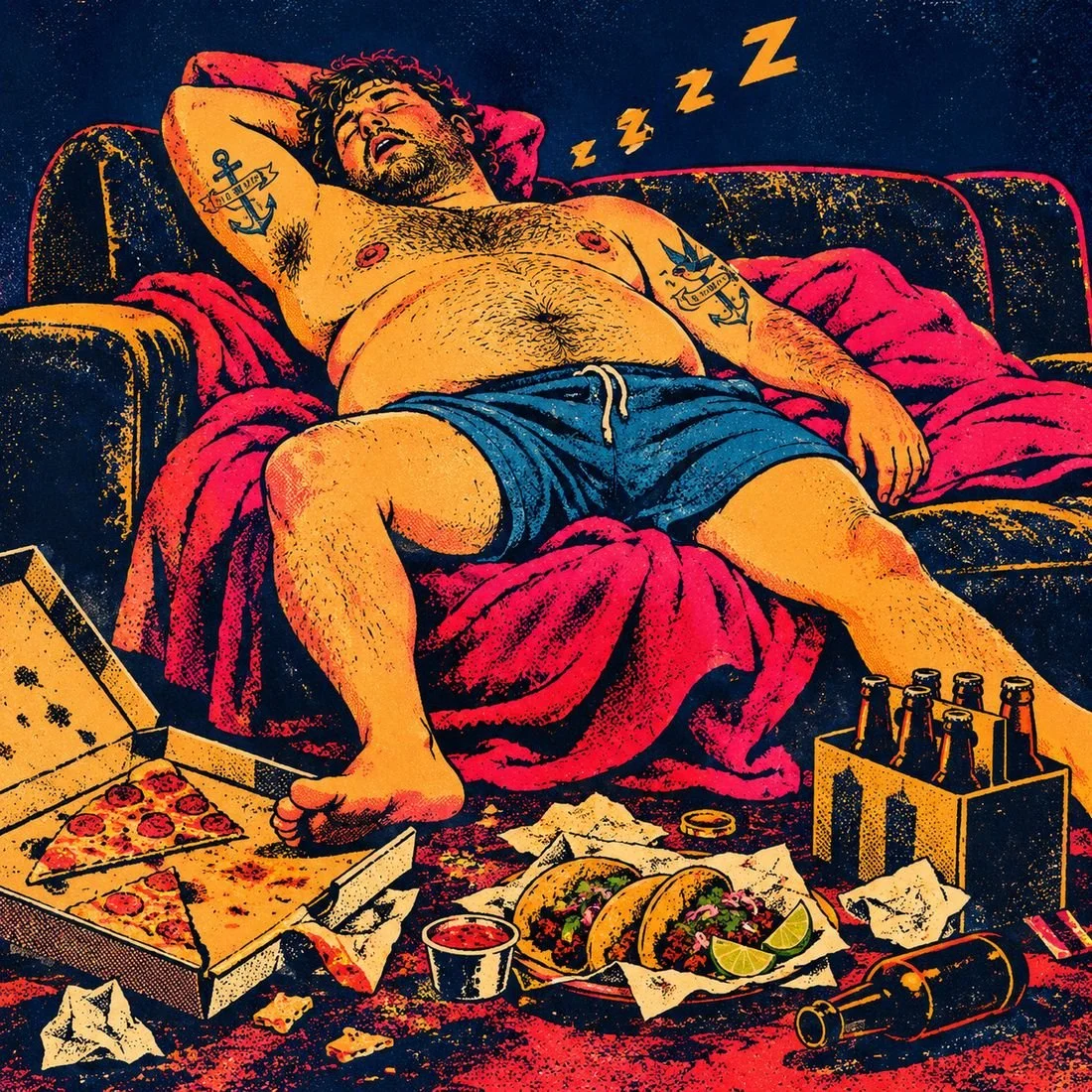 Lotería card: La Siesta, a man asleep hogging the blanket