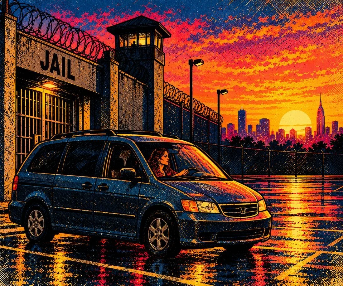 Illustration: a minivan waiting at dawn outside the jail