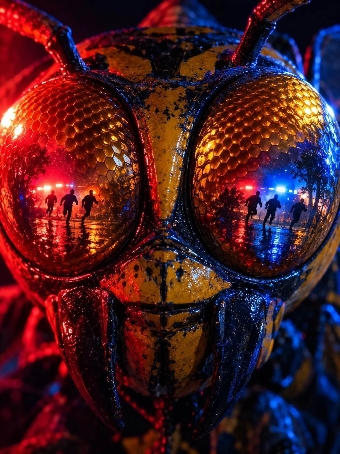 Extreme close-up of the killer bee statue’s eyes, reflecting three men running from police lights