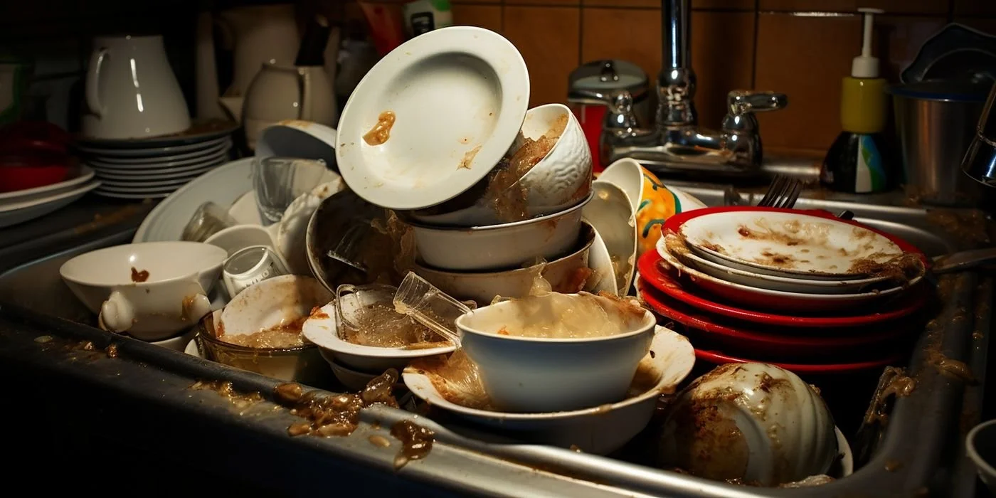 A sink piled high with dirty dishes
