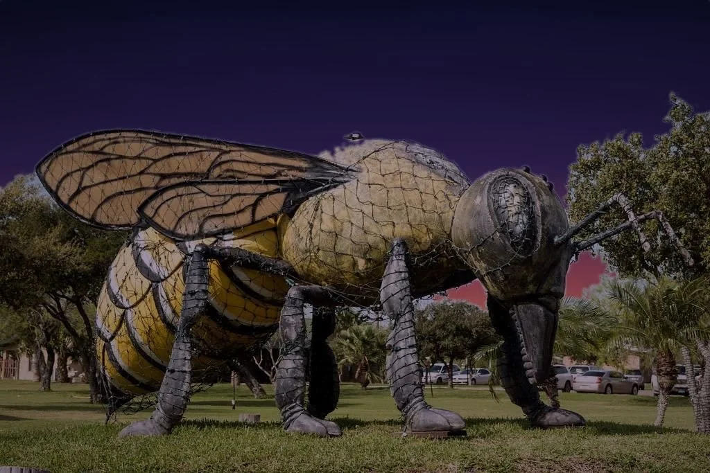 The world’s largest killer bee statue, Hidalgo, Texas, at dusk