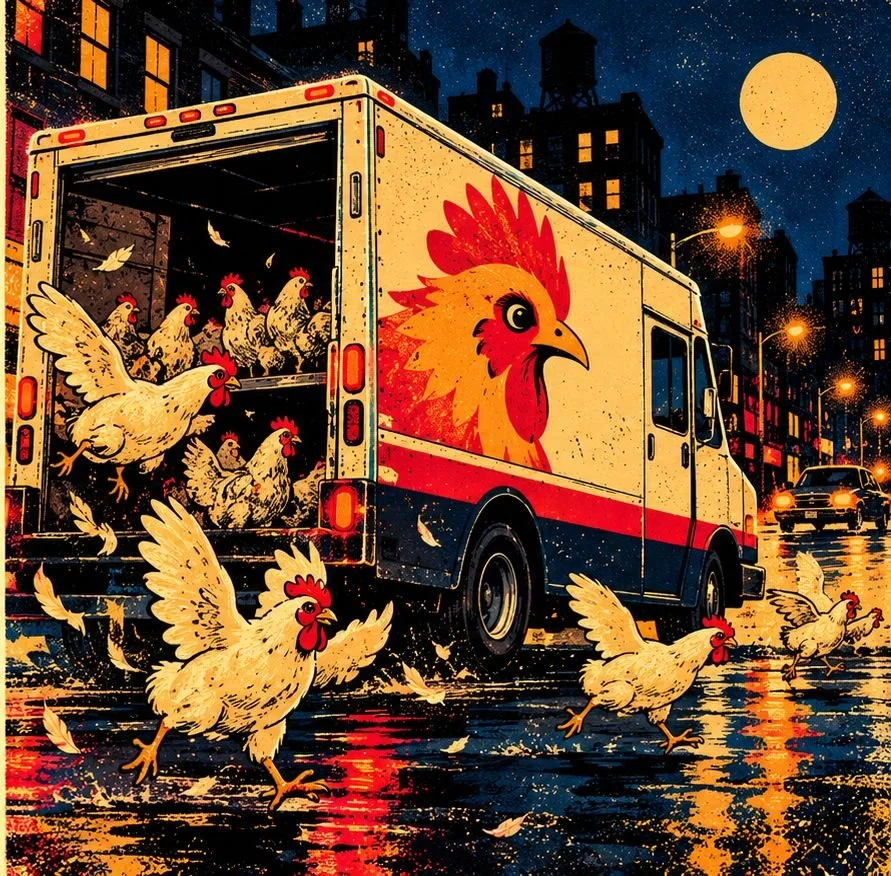 Illustration: a chicken-logo truck at night with chickens escaping