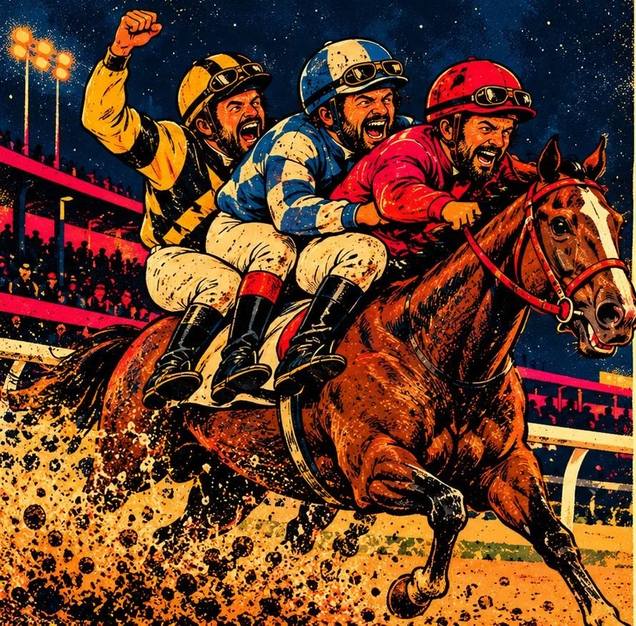 Illustration: three bros as jockeys riding one racehorse