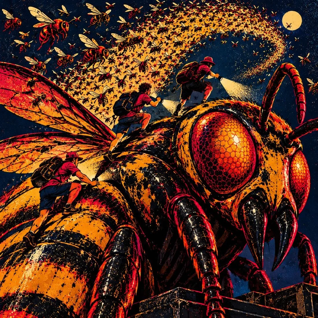 Lotería card: La Abeja, three men climbing the killer bee statue