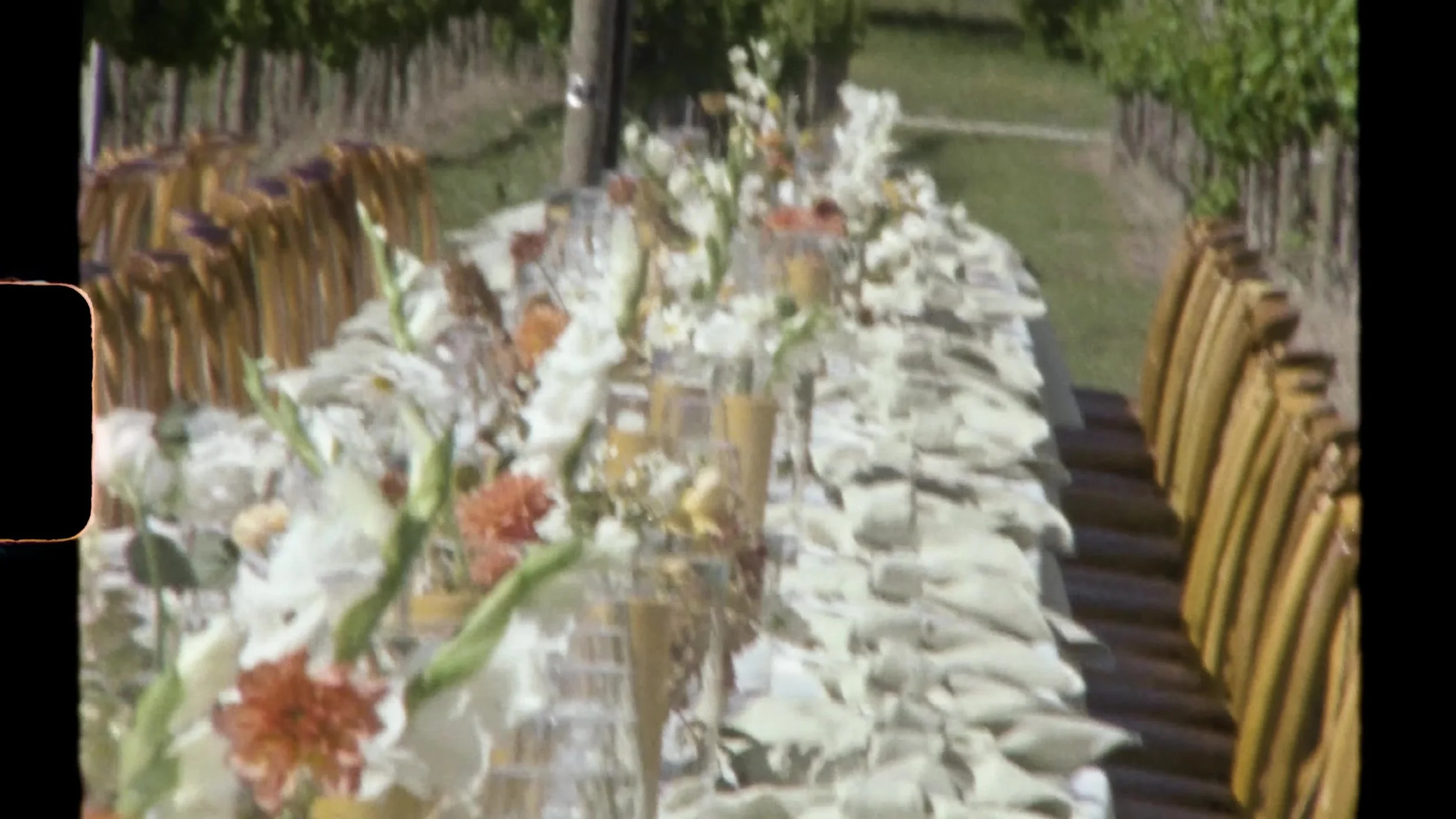 Reception table florals glassware and place settings in the vineyard at Camp Lucy Vineyards in Austin, Texas