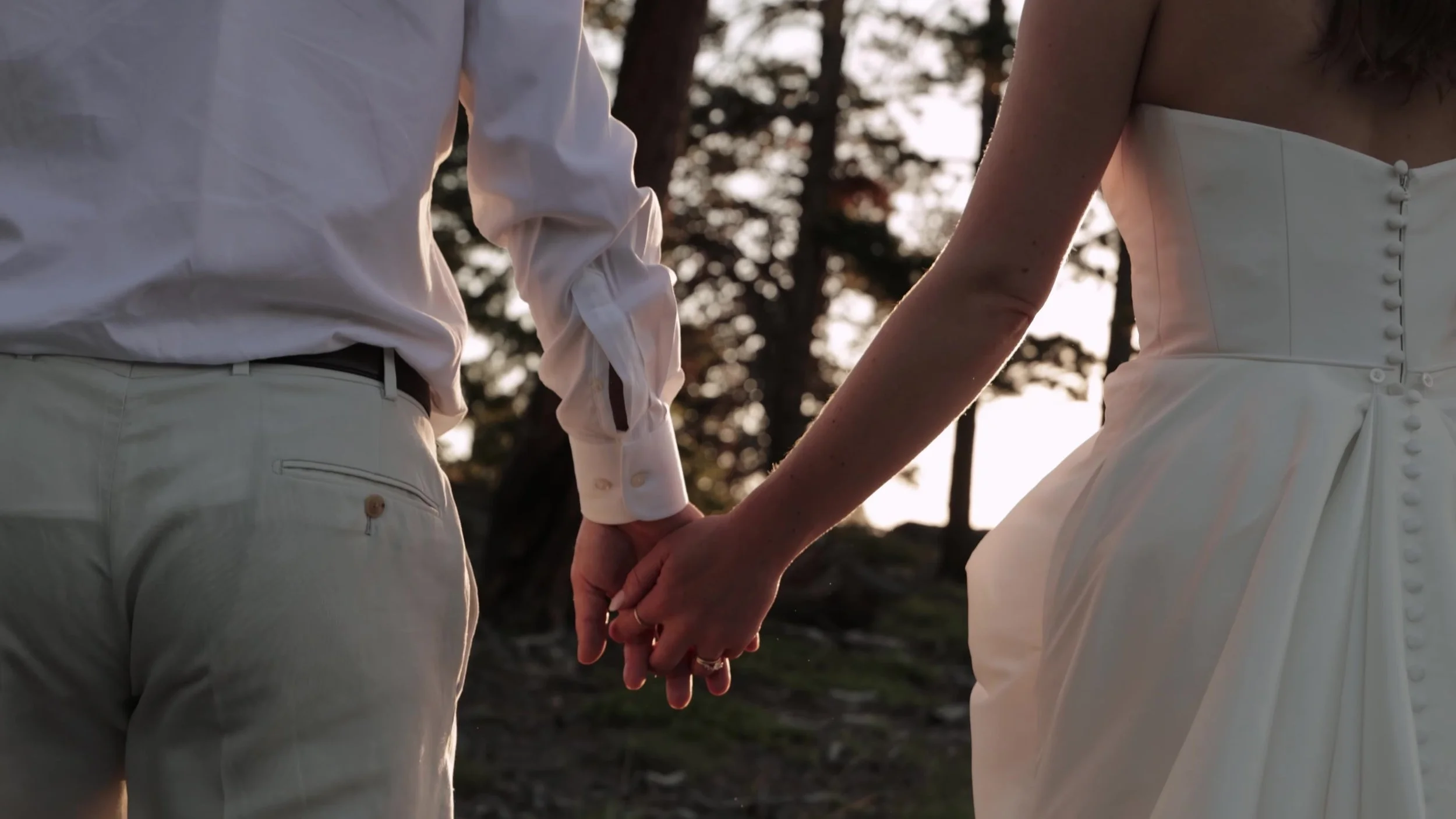Bride and groom holding hands from behind at Northstar Gatherings in Idaho Springs, Colorado, late light in the pines
