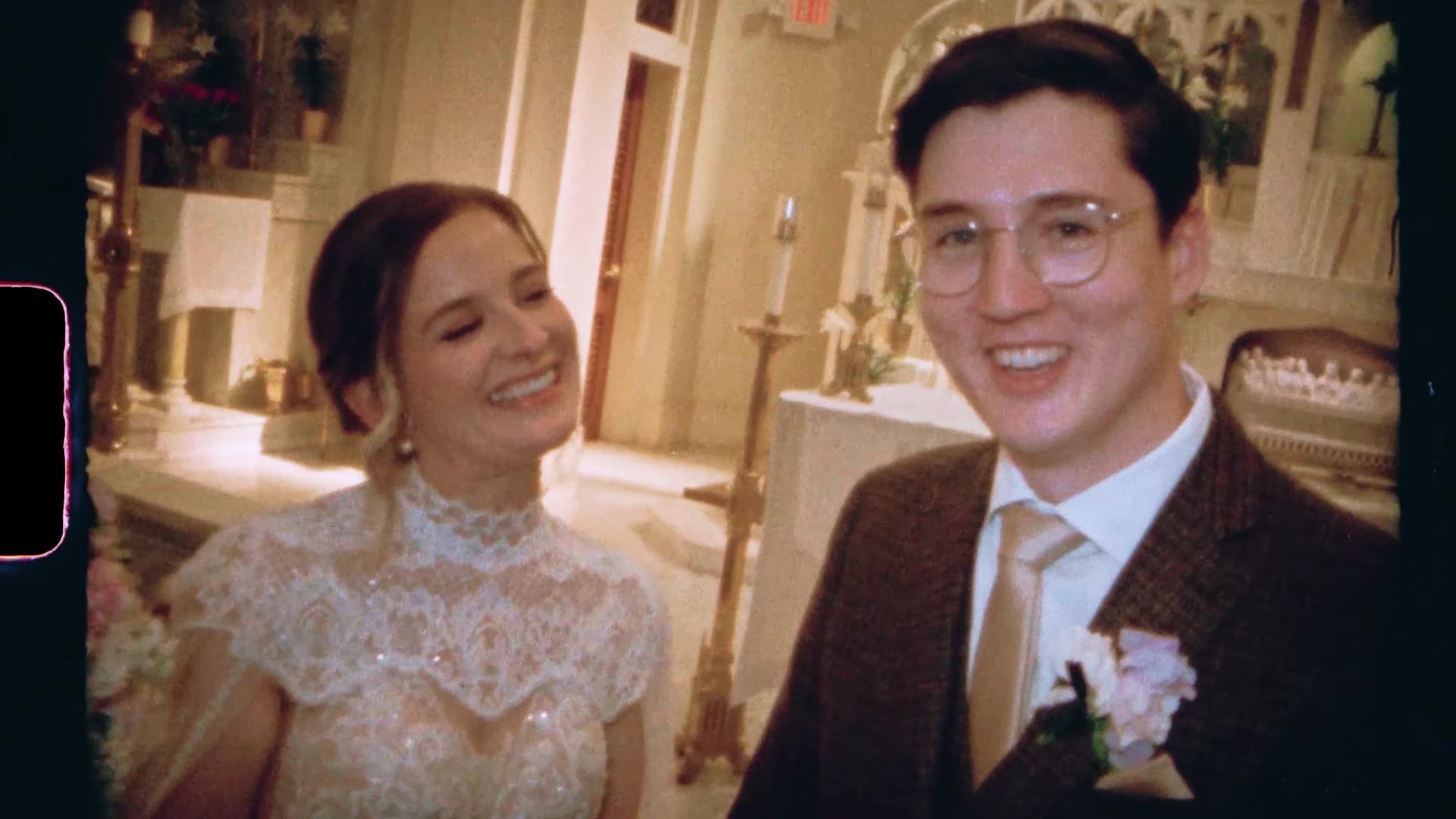 Joyful film close up of bride and groom smiling after vows in Houston, Texas, sprocket edge visible
