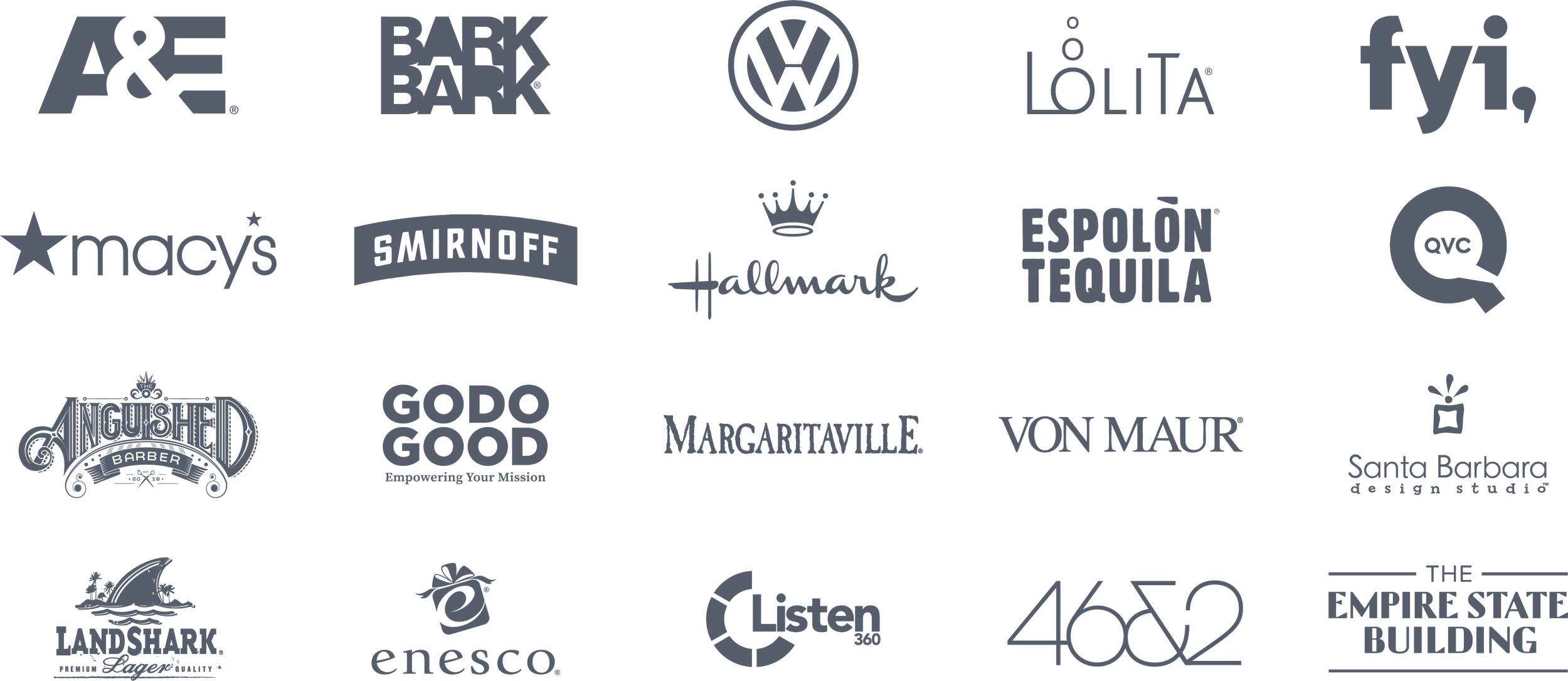 Andrew McKee Design clients including Hallmark, A&E, Volkswagen, QVC, Macy's, Smirnoff, Espolòn Tequila, Margaritaville, Von Maur, Empire State Building