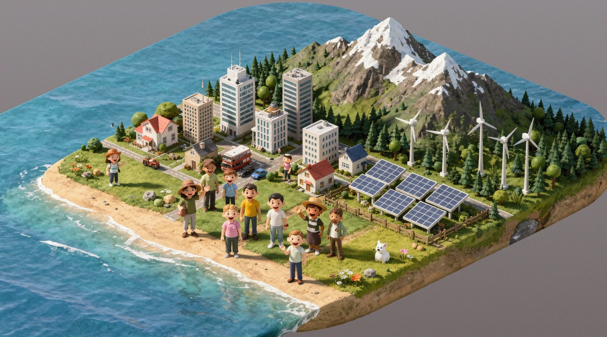 Illustrated community with homes, people, and renewable energy