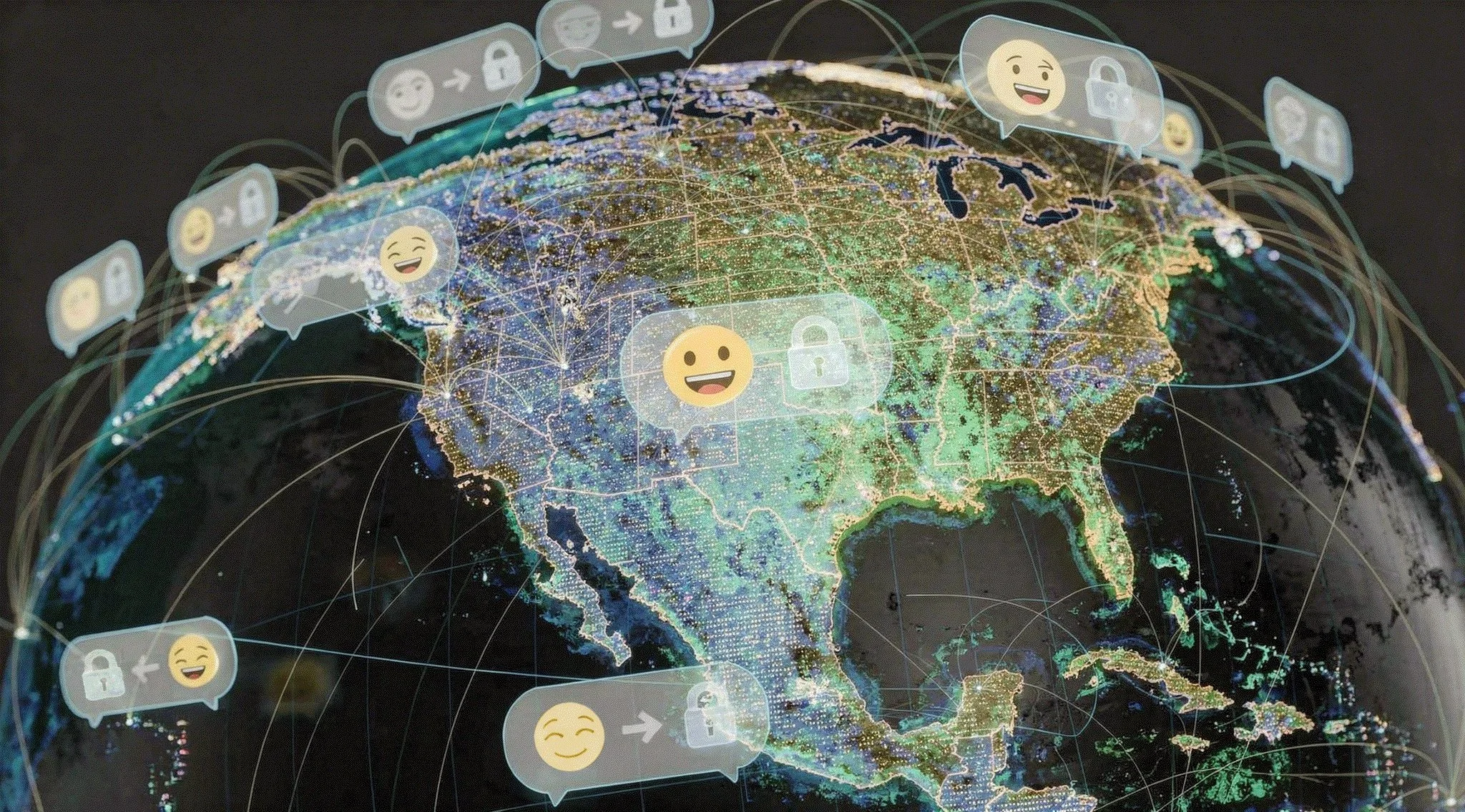 Connected globe with privacy and communication symbols