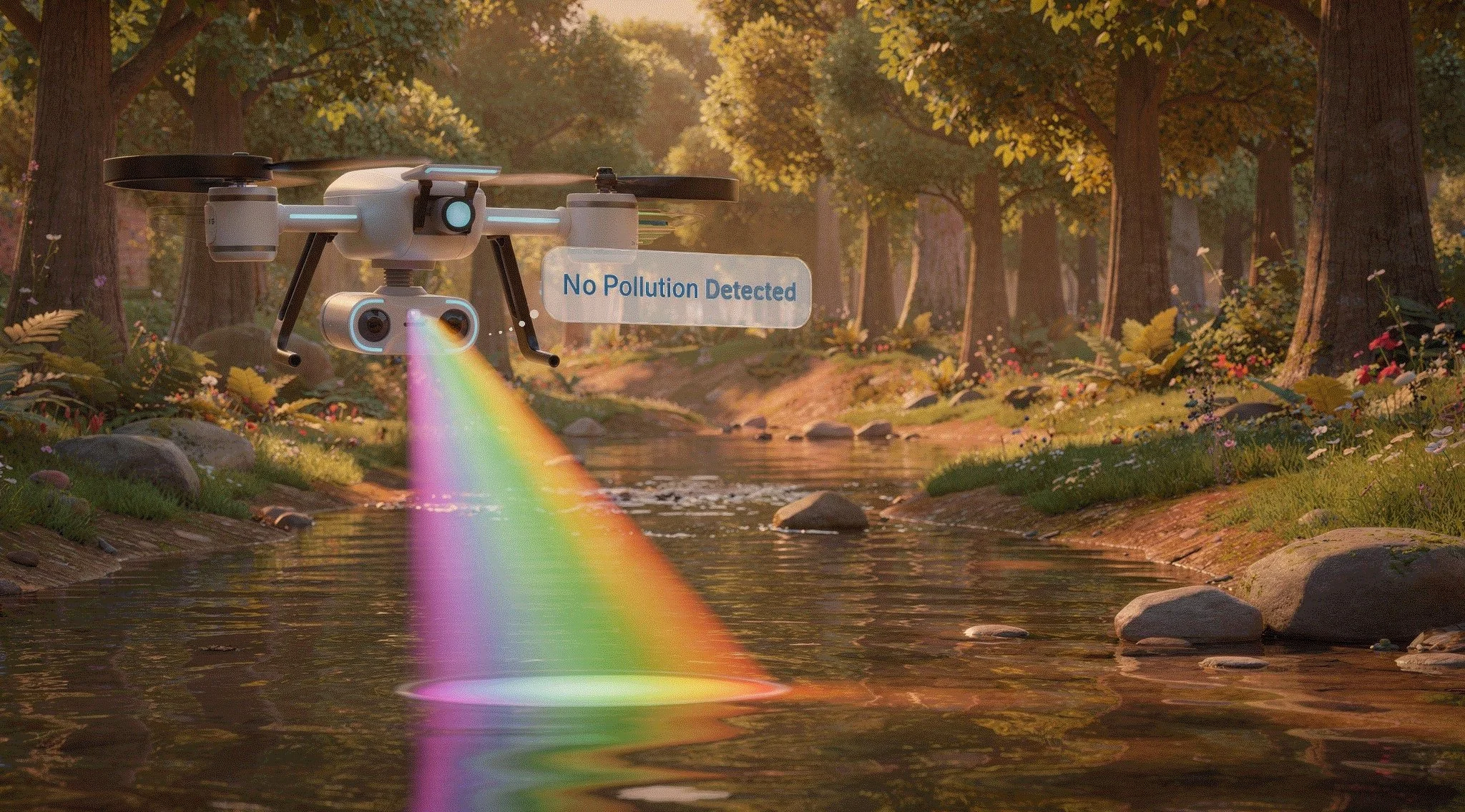 Environmental sensing drone above a woodland stream