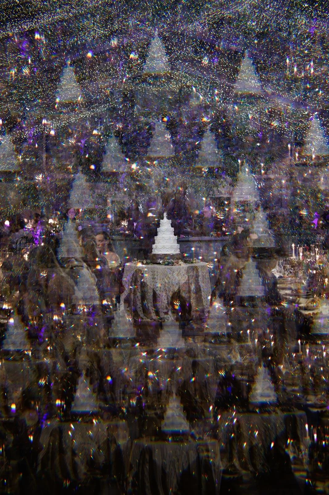 Double exposure sparkling photo of a wedding cake and reception