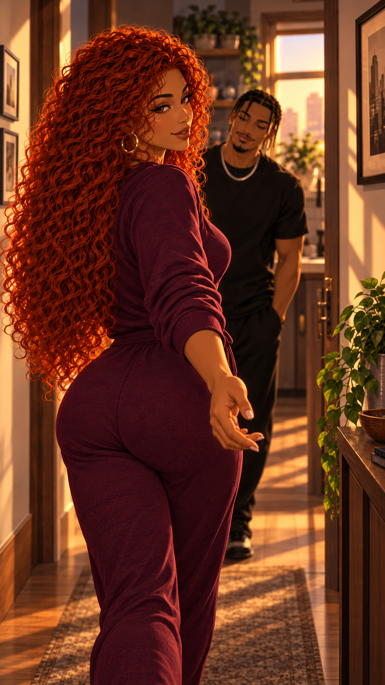 A moment from Soft Spot: she reaches back for him in a warm, softly lit hallway