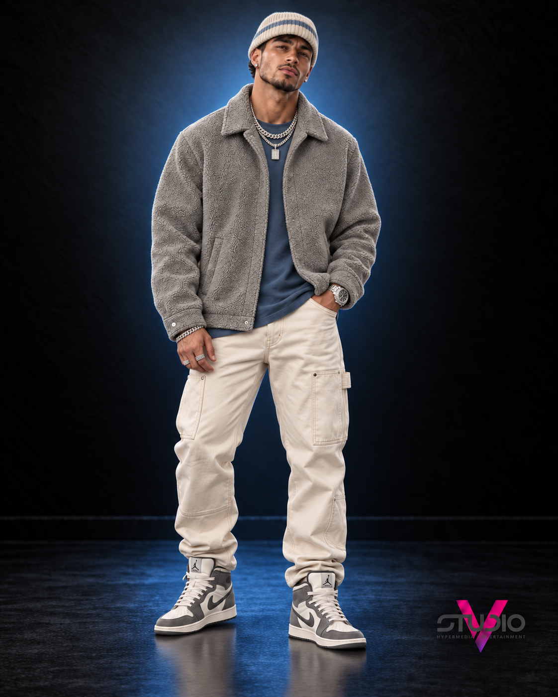 Studio V styled look featuring the SILNT CHPTRS Persian grey sherpa jacket