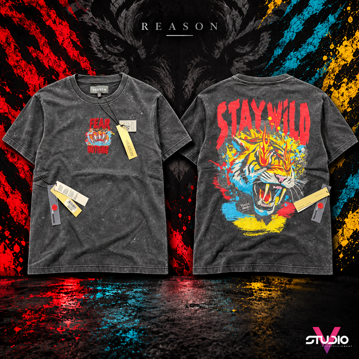Reason Fear Nothing / Stay Wild shirt campaign artwork showing front and back, Medium
