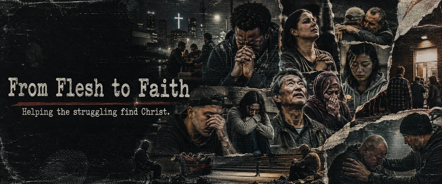From Flesh to Faith. Helping the struggling find Christ. Original faith collage artwork.