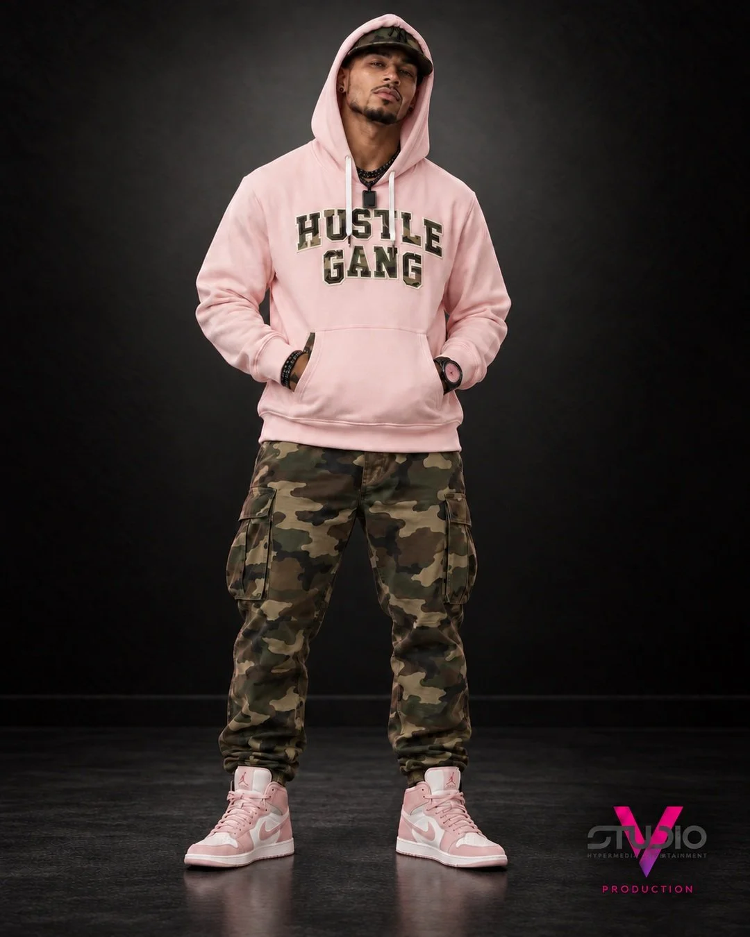 Studio V styled look featuring the Hustle Gang hoodie with hood up