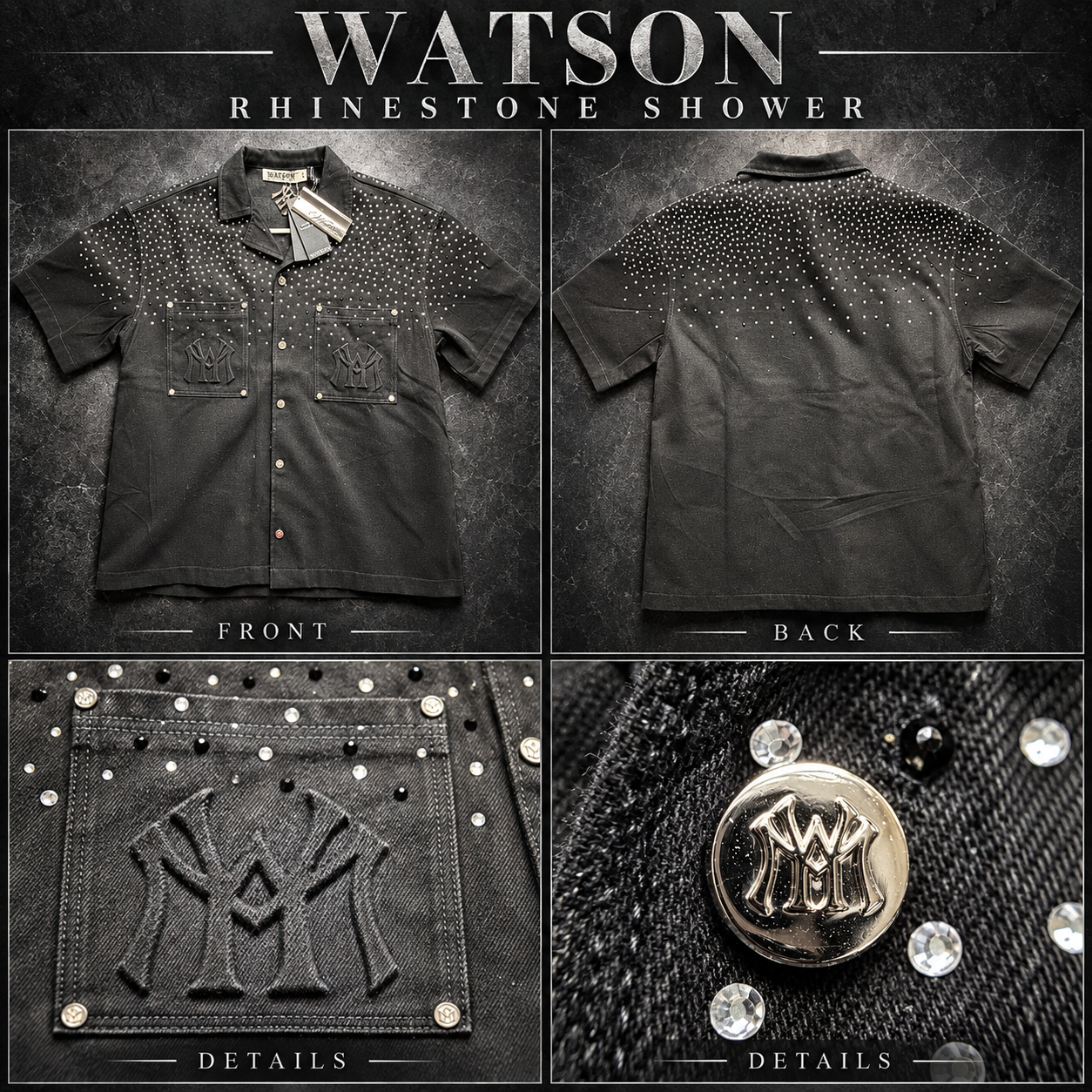 WATSON Rhinestone Shower Denim Work Shirt stylized detail collage