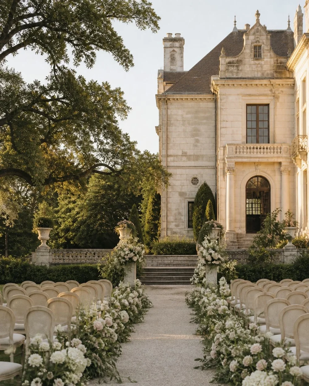 Grand estate wedding ceremony with a flower-lined aisle