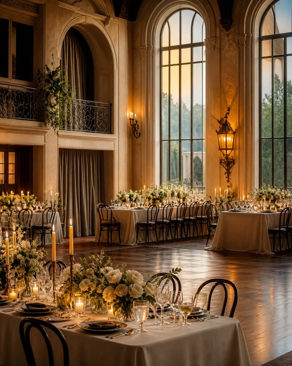 Candlelit reception in an elegant historic ballroom
