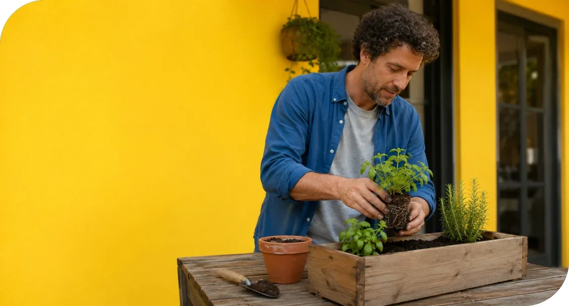 A man planting herbs in a wooden planter box.
