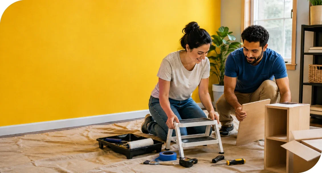 Two people assembling furniture together at home.