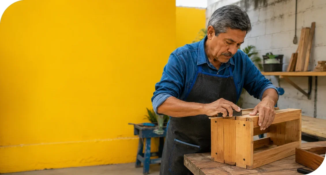 A man working on a wooden project at a workbench.