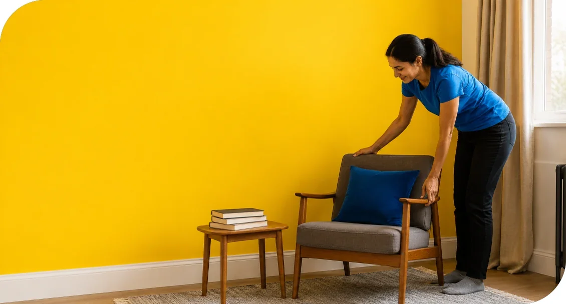 A woman arranging a chair beside a small table with books.