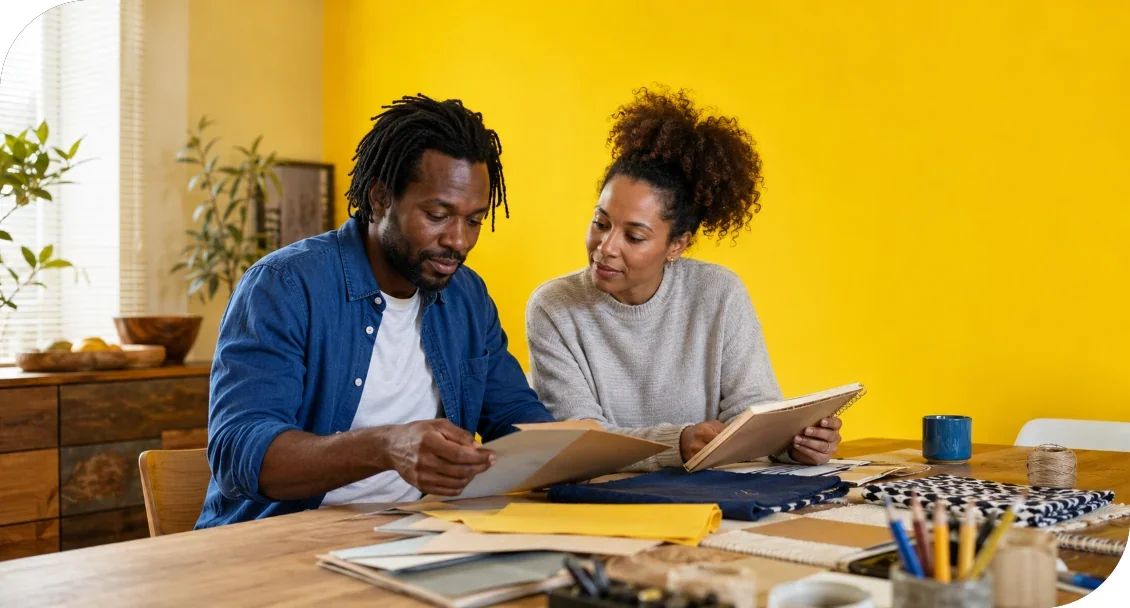 Two people reviewing papers together at a table.