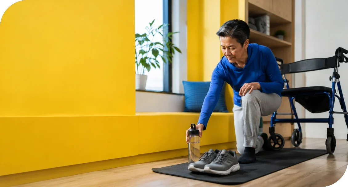 A person reaching for a water bottle beside athletic shoes and a walker.
